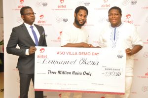 PIX 1, Director, Brand & Advertising, Enitan Denloye flanked by co-founder of Tracology, Abiodun Adeyeye (left) and Founder of Tracology, Emmanuel Okena at the prize presentation to winners of the Aso Villa Demo Day initiative at Airtel Headquarters on Friday in Lagos.