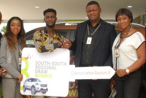 Soala Inyang, Area Manager, Port-Harcourt II, Diamond Bank plc; Omoregie Imariabe Austin, DiamondXtra, South-South SUV Winner; Festus Erewele, Area Manager, Benin; and Judith Anolefo, Branch Manager, Aba Road Branch, Port-Harcourt, all of  Diamond Bank Plc at the DiamondXtra South-South Prize giving Ceremony held in Port-Harcourt recently. 