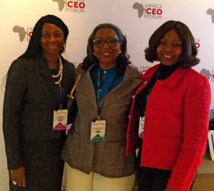   Ibukun Awosika (middle), Chairman, First Bank of Nigeria Limited, flanked by Folake Ani-Mumuney (left), Group Head, Marketing and Corporate Communications, FirstBank, and Bashirat Odunewu (right), Group Executive, International Banking Group, FirstBank at the African CEO Forum 2017 in Geneva.