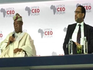 L – R: Oba Otudeko, CFR, Group Chairman,  FBN Holdings Plc and Phuthuma Nhleko, Executive Chairman, MTN Group, at a panel session at the Africa CEO Forum 2017 in Geneva.