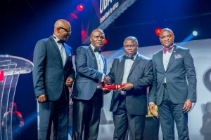 l-r: CEO, UBA Francophone Africa, Mr. Emeke Iweriebor; Executive Director, Lagos and West, Mr Ayo Liadi ; Award Winner and MD/CEO, UBA Cameroun, Mr. Isong Udom; and CEO, UBA Anglophone Africa, Mr. Oliver Alawuba; at the Annual  UBA CEO Awards which was held in Lagos at the weekend
