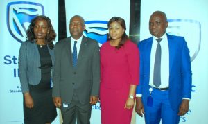 Chief Operating Officer, Sakeenat Bakare;  Chief Executive,  Mr. Anselem Igbo; Head, Business Development, Ibiyemi  Mezu; and Head, Technical Operations, Wale Bello; all of Stanbic IBTC Insurance Brokers Ltd, at a media interactive forum organized by the company in Lagos on Thursday, April 20, 2017