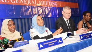 L-R: Director, NASCON Allied Industries Plc, Halima Dangote; Executive Director Commercial, NASCON Allied Industries Plc, Fatima Dangote; Managing Director, NASCON Allied Industries Plc, Paul Farrer; and Chairperson, NASCON Allied Industries Plc, ‘Yemisi Ayeni at the NASCON Allied Industries Plc 2016 Annual General Meeting (AGM) held on Thursday, May 4, 2017 in Lagos.