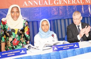 L-R: Director, NASCON Allied Industries Plc, Halima Dangote acknowledging the greetings of the shareholders while Executive Director Commercial, NASCON Allied Industries Plc, Fatima Dangote and the Managing Director, NASCON Allied Industries Plc, Paul Farrer looks on with interest, at the company’s Annual General Meeting (AGM) held recently in Lagos