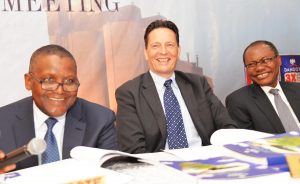 L-R: Chairman, Dangote Cement Plc, Aliko Dangote; Chief Executive Officer, Dangote Cement Plc, Onne van der Weijde; and Director, Dangote Cement Plc, Olakunle Alake; at the 8th Annual General Meeting of Dangote Cement Plc, held in Lagos on Wednesday, May 24, 2017
