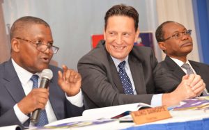 L-R: Chairman, Dangote Cement Plc, Aliko Dangote; Chief Executive Officer, Dangote Cement Plc, Onne van der Weijde; and Director, Dangote Cement Plc, Olakunle Alake; at the 8th Annual General Meeting of Dangote Cement Plc, held in Lagos on Wednesday, May 24, 2017