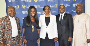 L-R:  Chief Eric Umeofia, President & CEO, Erisco Food Ltd; Tara Fela-Durotoye, Founder & CEO, House of Tara; Mrs. Ibukun Awosika, Chairman, FirstBank; Gbenga Shobo, Deputy Managing Director, FirstBank; and Abdulahmed Mustapha, Permanent Secretary, Lagos State office of Overseas Affairs & Investment at the SME Conference organised by the FirstBank Sustainability Centre.