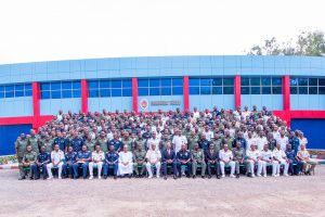 Jaji 1: Chairman, Heirs Holdings and Guest Speaker, Mr. Tony Elumelu (middle); Commandant, Armed Forces Command and Staff College, Jaji, Air Vice Marshall Suleiman Abubakar Dambo ; and Deputy Commandant, Armed Forces Command and Staff College, Jaji, Rear Admiral Ifeola Mohammed ), flanked by the course participants of the Senior Course 40 of the Armed Forces Command and Staff College, during the Guest Lecture Series of the College where Elumelu delivered a paper titled “Leadership: Private Sector Perspective”,  in Jaji, Kaduna, yesterday.