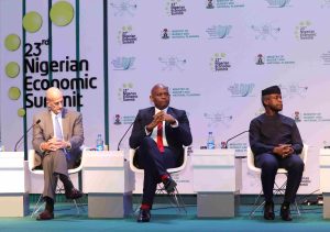 John Rice, Vice Chairman GE; Tony Elumelu, Chairman Heirs Holdings and Vice President Of Nigeria, Professor Yemi Osibanjo during the  preliminary panel discussion titled: Opportunities, Productivity and Employment: Actualising the Economic Recovery and Growth Plan, at the  23rd Nigerian Economic Summit in Abuja on Monday;