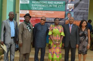 Chair, LOC and Head of Unit, Department of History and Strategic Studies/Philosophy, Federal University Ndufu-Alike, Ikwo Ebonyi State (FUNAI), Dr. Arua Omaka; Member LOC, FUNAI, Slyvanus Oko; Guest Speaker and Professor, Marquette University, USA, Prof Chima J. Korieh; Dean, Faculty of Humanities, FUNAI, Prof GMT Emezue; CEO, Heirs Holdings, Emmanuel Nnorom representing the Guest Speaker and Founder, Tony Elumelu Foundation, Tony O. Elumelu; Chair, Faculty of Humanities PR/Information Committee Ms. Ngozi Edeagu at FUNAI’s 2017 Faculty of Humanities International Conference held at the University’s Auditorium in Ndufu-Alike, Ikwo Ebonyi State on Tuesday
