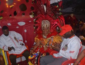 Imeh Bishop Umoh (Okon Lagos) and Senator Florence Ita-Giwa, Leader of The Seagull Band, during the 2017 annual Calabar Carnival, themed “Migration and Climate Change, which Heritage Bank was the Lead sponsor of the band, held at the Calabar International Conference Center, Cross River State.