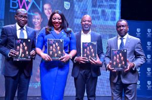   L-R: Chief Executive, Stanbic IBTC Holdings PLC, Mr Yinka Sanni; Chief Executive, Stanbic IBTC Trustees Limited, Binta Max-Gbinije; Head, Credit, Corporate and Transactional Banking, Stanbic IBTC Bank, Mr Kola Lawal; and Chief Executive, Stanbic IBTC Bank PLC, Dr Demola Sogunle, at the launch of Stanbic IBTC Blue Women Network magazine in Lagos, over the weekend.
