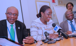  BRIEFING—From left: CBN Governor, Mr Godwin Emefiele; Head of Nigerian Delegation and Minister of Finance, Mrs Kemi Adeosun and the Permanent Secretary at the Ministry of Finance, Mr Mohammed Duste, during post-World Bank and IMF 2017 Annual meeting press briefing, held in Washington DC, USA, yesterday. PHOTO. State House Photo. 