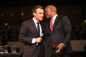  The President of the French Republic, Mr. Emmanuel Macron discussing with the Founder, Tony Elumelu Foundation  and Chairman, UBA Group, Mr. Tony O. Elumelu during an interactive session hosted by the  Tony Elumelu Foundation for President Macron and young African entrepreneurs in Lagos on Wednesday.