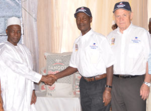 Group Managing Director/CEO, Dangote Cement Plc, Engr. Joseph Makoju; and Supply Chain Director, Dangote Cement Plc, Knut Ulvmoen welcoming the Secretary to the State Government Alhaji Usman Alhaji to the unveiling of Dangote Cement’s new product“BlocMaster” in Kano yesterday