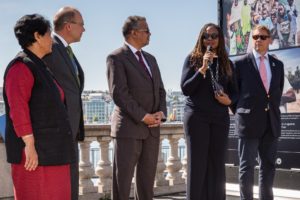L-R:  Deputy CEO, Gavi, The Vaccine Alliance, Anuradha Gupta; Director, Division of Administration, United Nations, Clemens Adams; Director General, World Health Organisation (WHO), Dr Tedros Adhanom Ghebreyesus; GAVI Champion for Africa & Founder, Avon Medical, Dr Awele Elumelu and CEO, GAVI, The Vaccine Alliance, Dr Seth Berkley, at a conference to champion increased vaccine coverage, targeting underimmunised nations, in Geneva on Tuesday
