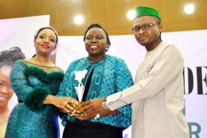 L-R: Chief Executive Officer/Publisher of LaMode Magazine and convener, Green October Event 2018, Mrs. Sandra Odige; Head, Brand Management and Sustainability, Heritage Bank PLC, Mrs. Ozena Utulu; ‎and Head, Media and External Relations, Heritage Bank PLC, Mr. Blaise Udunze; during the La Mode Green October Event 2018 where the bank won an award for being the Most Supportive Bank of the Year 2018‎ at Oriental Hotel, Lagos...on Sunday. 