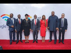 L-R: Group Head, Corporate Bank, United Bank for Africa (UBA) Plc, Akinyemi Muyiwa; Group Head, Online Digital Banking, UBA Plc, Austine Abolusoro; Country Director, Google Nigeria, Juliet Ehimuan-Chiazor; Executive Director/ Group COO, UBA Plc,  Chukwuma Nweke; Group Head, Marketing, UBA Plc,  Dupe Olusola; Head, NBU Partnerships SSA, Google Nigeria, Saidu Abdullahi; and Group Executive, Digital & Consumer Banking,  UBA Plc, Anant Rao,  at the launch of  Google Station, a Collaboration between Google and UBA  to provide free, high-speed Wi-Fi hotspots at UBA Business Offices for the use of customers and publics, starting with 11 UBA branches in Lagos, at the UBA Head Office, Lagos yesterday. 