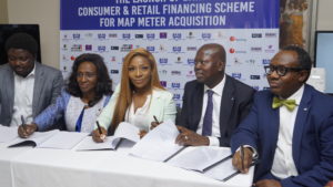 L-R: Head, Personal Banking, Wema Bank Plc - Mr. Abiola Afolayan; Chairman, Mojec International Limited, Mrs Mojisola Abdul; Managing Director, Mojec International Limited, Ms. Chantelle Abdul; Executive Director, Corporate Bank & South Directorate, Keystone Bank Limited, Yemi Odusanya and Group Head, Retail & SME, Unity Bank Plc, Mr. Olufunwa Olugbenga Akinmade at a press conference and signing of the Memorandum of Understanding ceremony between Mojec and the partner banks on the roll out of prepaid meters, held in Lagos on Monday, April 15, 2019.