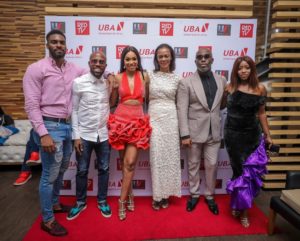 l-r: Actor,  Somto Akanegbu; Co-owner Urban Vision Limited, Akins Akinkugbe, Actor, Sharon Ooja ; Group Head Corporate Communications/ Executive Producer, The Men’s Club, Bola Atta; Director The Men’s Club, Tola Odunsi;  Actor, Adebukola Oladipupo, during the Season 2 Premiere of the movie in Lagos
