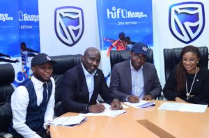 L-R: Chief Strategy Officer, PACE Sports and Entertainment Marketing, Olamide Adeyemo; Head, Global Markets, Stanbic IBTC Bank, Samuel Ocheho; Director, PACE Sports and Entertainment Marketing, Sola Fijabi; and Head, Marketing and Communications, Stanbic IBTC, Bridget Oyefeso-Odusami, at the MoU signing ceremony for Stanbic IBTC’s sponsorship of Higher Institutions Football League (HiFL), held in Lagos, on Wednesday (24/4/2019) 