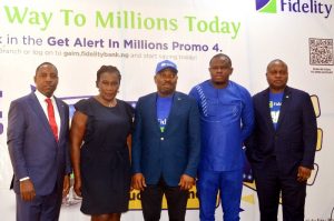 L-R: Regional Bank Head, Apapa, Fidelity Bank Plc, Jude Monye; Head, Lagos Office, Federal Competition and Consumer Protection Commission; Suzie Onwuka; Divisional Head, Operations, Fidelity Bank Plc, & Vice Chairman, Get Alert in Millions Season 4 (GAIM 4) Promo Committee, Martins Izuogbe; Senior Accountant, National Lottery Regulatory Commission (NLRC), Uche Nebolisa; Divisional Head, Retail Banking, Fidelity Bank Plc, Richard Madiebo at the 2nd Bi-monthly / 4th monthly draw of Get Alert in Millions Promo Season 4 (GAIM 4) in Lagos recently. 