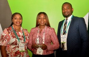 L-R: Group Head, Corporate Banking Group (Energy), Oluwatoyin Aina; Group Executive, Energy & Infrastructure, CBG, FirstBank, Bashirat Odunewu and Business Manager, CBG, Stephen Oshai following the award of Oil and Gas Banker of the Year 2019 to First Bank of Nigeria Limited at the Nigeria International Petroleum Summit held in Abuja.  