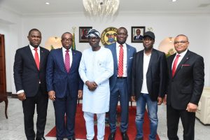L-R: Executive Director, Zenith Bank Plc, Mr. Henry Oroh; Group Managing Director/Chief Executive, Zenith Bank, Mr. Ebenezer Onyeagwu; Lagos State Governor, Mr. Babajide Sanwo-Olu; Executive Director, Zenith Bank, Dr. Temitope Fasoranti; Lagos State Deputy Governor, Dr. Kadiri Hamzat; and Executive Director, Zenith Bank, Mr. Dennis Olisa during the visit by the Executive Management of the Bank to condole with the State Governor on the Abule Ado explosion at the State House, Marina, on Wednesday, March 18, 2020. 