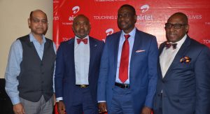Managing Director and Chief Executive Officer, Airtel Nigeria, Mr. Segun Ogunsanya (2nd right); Chief Technical Officer, Airtel Nigeria, Mr. Awadesh Kalia (left); Director, Corporate Communications & CSR, Airtel, Emeka Oparah (2nd left) and Managing Director, CMC Connect Burson Marsteller, Mr. Yomi Badejo-Okusanya at the launch of Airtel Touching Lives Season Three held in Lagos on Thursday.