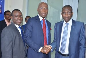 Deputy Managing Director, Stanbic IBTC Bank, Dr. Demola Sogunle; Founder and Executive Chairman, Zinox Technologies Ltd, Mr. Leo Stan-Eke and Chief Executive, Stanbic IBTC Bank, Mr. Yinka Sanni; during the commissioning of Stanbic IBTC Bank’s first digital branch located at Maryland Mall, Lagos on Wednesday, December 14, 2016,