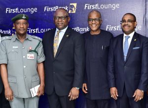 L-R : Aliyu Toro, Chief Superintendent of Customs; Adesola Adeduntan, MD/CEO First Bank of Nigeria Limited and Subsidiaries; Bayo Adeniji, Director, First Street Limited; and  Gbenga Shobo, Deputy Managing Director, First Bank of Nigeria Limited at the FirstLounge launch …Thursday