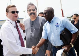L-R: Ambassador of the United States of America to Nigeria, His Excellency, Stuart W. Symington; Group Executive Director, Strategy, Capital Projects & Portfolio Development, Dangote Industries Limited, Devakumar Edwin, and Technical Consultant to the President/CE on Refinery & Petrochemical Projects, Dangote Industries Limited, Engr. Babajide Soyode during United States of America Ambassador to Nigeria visit to Dangote Refinery, Petrochemical and Fertilizer Plant, Lekki Lagos on Tuesday, April 18, 2017.