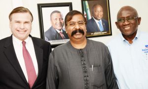  L-R: Ambassador of the United States of America to Nigeria, His Excellency, Stuart W. Symington; Group Executive Director, Strategy, Capital Projects & Portfolio Development, Dangote Industries Limited, Devakumar Edwin, and Technical Consultant to the President/CE on Refinery & Petrochemical Projects, Dangote Industries Limited, Engr. Babajide Soyode during United States of America Ambassador to Nigeria visit to Dangote Refinery, Petrochemical and Fertilizer Plant, Lekki Lagos on Tuesday, April 18, 2017.