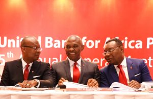Group Managing Director/CEO, UBA Plc, Mr. Kennedy Uzoka; Group Chairman, Mr. Tony O. Elumelu; and   Deputy Managing Director, Mr. Victor Osadolor, at the 55th Annual General Meeting of UBA Plc, held in Lagos on Friday