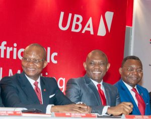 Group Managing Director/CEO, UBA Plc, Mr. Kennedy Uzoka; Group Chairman, Mr. Tony O. Elumelu;  and Deputy Managing Director, Mr. Victor Osadolor at the 55th Annual General Meeting of UBA Plc, held in Lagos on Friday
