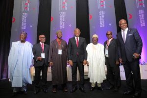 l-r: Chairman House Committee on Insurance, Hon. Olufemi Fakeye; President of Nigerian Council of Registered Insurance Brokers, Mr Kayode Okunoren; Commissioner for Insurance,  Muhammed Kari;  Chairman,  Heirs Holdings and Keynote Speaker, Mr. Tony Elumelu; representative of Minister of Finance, Permanent Secretary, Federal Ministry of Finance,  Dr. Mahmud Isa  Dutse; President,  Institute of Loss Adjusters of Nigeria,  Mr Ralph Opara; and Mr Shola Tinubu, Chairman of National Insurance Conference Planning Committee. at the 2017 Insurance Industry Consultative Council Conference( IICCC), with the theme ‘Nigeria Open for Business’, organised by National Insurance Commission, held at Transcorp Hilton, Abuja on Monday