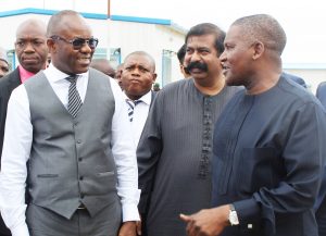 L-R: Honourable Minister of State for Petroleum Resources, Dr. Ibe Kachikwu; Group Executive Director, Strategy, Capital Projects & Portfolio Development, Dangote Industries Limited, Devakumar Edwin; and President/CE, Dangote Industrie Limited, Aliko Dangote, during the Minister of State for Petroleum Resources working visit to Dangote Oil Refinery, Petrochemical and Fertilizer Projects in Lekki, Lagos on Monday, July 31, 2017.