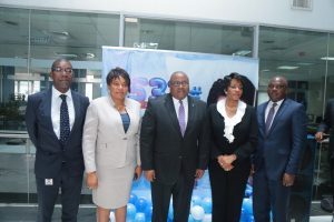 Keystone Bank’s Acting Managing Director/Chief Executive Officer, Mr. Hafiz Bakare (m) with other members of the management team at the official launching of Keystone Bank's *533# USSD banking solution in Lagos on Monday.) 