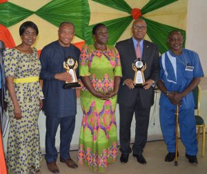 L-R: Member, Department of Languages, Linguistics and Literary Studies, Federal University Ndufu-Alike, Ikwo Ebonyi State (FUNAI); Akachi Adimora-Ezeigbo; Guest Speaker and Professor, Marquette University, USA, Prof Chima J. Korieh; Dean, Faculty of Humanities, FUNAI, Prof GMT Emezue; CEO, Heirs Holdings, Emmanuel Nnorom representing the Guest Speaker and Founder, Tony Elumelu Foundation, Tony O. Elumelu; and Director, School of Foundation Studies, FUNAI, Prof Michael Onuu at FUNAI’s 2017 Faculty of Humanities International Conference held at the University’s Auditorium in Ndufu-Alike, Ikwo Ebonyi State on Tuesday. 