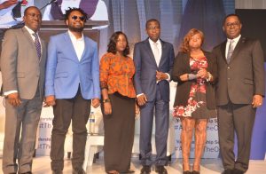 L-R: Chief Executive, Stanbic IBTC Bank, Dr. Demola Sogunle; lead speaker, Cobahms Asuquo; lead speaker, Member Feese; Chief Executive, Stanbic IBTC Holdings PLC, Mr. Yinka Sanni; lead speaker, Kechi Okwuchi; and Chairman, Stanbic IBTC Holdings Plc, Mr. Basil Omiyi; at the inaugural edition of the Stanbic IBTC Youth Leadership Series dubbed - Against The Odds in Lagos on Thursday, 25 January, 2018.