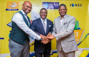 L-R: Mr. Kelechi Dozie – MD/CEO, I-ONE-C, Mr. Obeahon Ohiwerei, GMD/CEO, Keystone Bank Limited, Barrister Bisi Adegbuyi, Postmaster-General/CEO, NIPOST at the launch of KeyServ-NIPOST Agency Banking – A Financial Inclusion partnership in Lagos, recently.