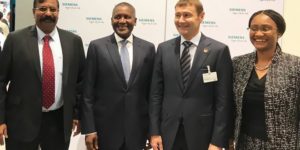 President/Chief Executive, Dangote Industries Limited, Aliko Dangote, (second left);Group Executive Director, Strategy, Portfolio Development and Capital Projects, Dangote Industries Limited, Devakumar V. G. Edwin (Left); Member of the Managing Board of Siemens AG, Klaus Helmrich (Second right); and Managing Director/CEO, Siemens Nigeria, Mrs. Onyeche Tifase (right), yesterday at the Hannover Fair, Germany, the world's leading Trade Fair for Industrial Technology.