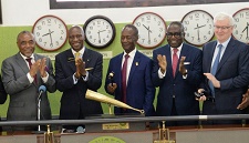 Chief Executive Officer of The Nigerian Stock Exchange (NSE) Oscar Onyema, Group Managing Director/ Chief Executive Officer Dangote Cement Plc, Engr. Joseph Makoju, at the  Dangote Cement Plc Closing Gong Ceremony, Floor of  Nigerian Stock Exchange Lagos on 6th June 2018. 