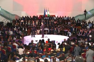 The President of the French Republic, Mr. Emmanuel Macron and the Founder, Tony Elumelu Foundation  and Chairman, UBA Group, Mr. Tony O. Elumelu addressing young African Entrepreneurs at the interactive session hosted by the  Tony Elumelu Foundation for President Macron and young African entrepreneurs in Lagos on Wednesday.