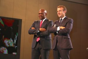  The President of the French Republic, Mr. Emmanuel Macron and Founder, Tony Elumelu Foundation and Chairman of UBA Group, Mr. Tony O. Elumelu listening to an entrepreneur at the interactive session with President Macron and young African entrepreneurs hosted by the Tony Elumelu Foundation, in Lagos on Wednesday.