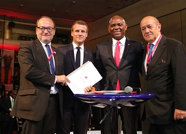  The President of the French Republic, Mr. Emmanuel Macron (2nd left); Founder, The Tony Elumelu Foundation and Chairman, UBA Group, Mr. Tony O. Elumelu (3rd left); Chief Executive Officer, French Development Agency(AFD), Mr. Remy Rioux(left); and French Foreign Affairs Minister, Mr Jean-Yves Le Drian, during the signing of a $10 million research partnership agreement  to support TEF Entrepreneurs by the French Development Agency , held at the  sideline of the  interactive session hosted by the Tony Elumelu Foundation for President Macron and  young African entrepreneurs in Lagos on Wednesday.  
