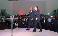 The President of the French Republic, Mr. Emmanuel Macron and the Founder, Tony Elumelu Foundation  and Chairman, UBA Group, Mr. Tony O. Elumelu at the interactive session hosted by the  Tony Elumelu Foundation in Lagos on Wednesday.