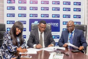 L-R: Mrs. Funke Akindele Bello, Keystone Bank Brand Ambassador, Dr. Obeahon Ohiwerei, GMD/CEO, Keystone Bank Limited, and General Counsel, Keystone Bank Limited, Dr. Michael Agamah during the contract signing of Funke Akindele Bello as Keystone Bank Brand Ambassador, at Keystone Bank Head Office in Lagos recently.