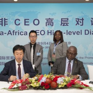 Adesola Adeduntan, MD/CEO, First Bank of Nigeria Limited (sitting right) with Hou Zhigang, Chairman & President of China-Africa E-Commerce Co.,Ltd. (sitting left), whilst Bashirat Odunewu , FirstBank’s Group Executive, International Banking Group, and Zhicheng Jiang, Director of Marketing of China-Africa E-commerce, look on during the MOU signing at the China-Africa CEO High level Dialogue in China, recently.
