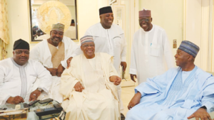 President of the Senate and Peoples Democratic Party (PDP) presidential aspirant, Dr. Abubakar Bukola Saraki and his team during a courtesy call on former Military President, General Ibrahim Badamosi Babangida ahead of the party’s National Convention to elect its 2019 presidential flagbearer, in Minna, Niger State, yesterday.